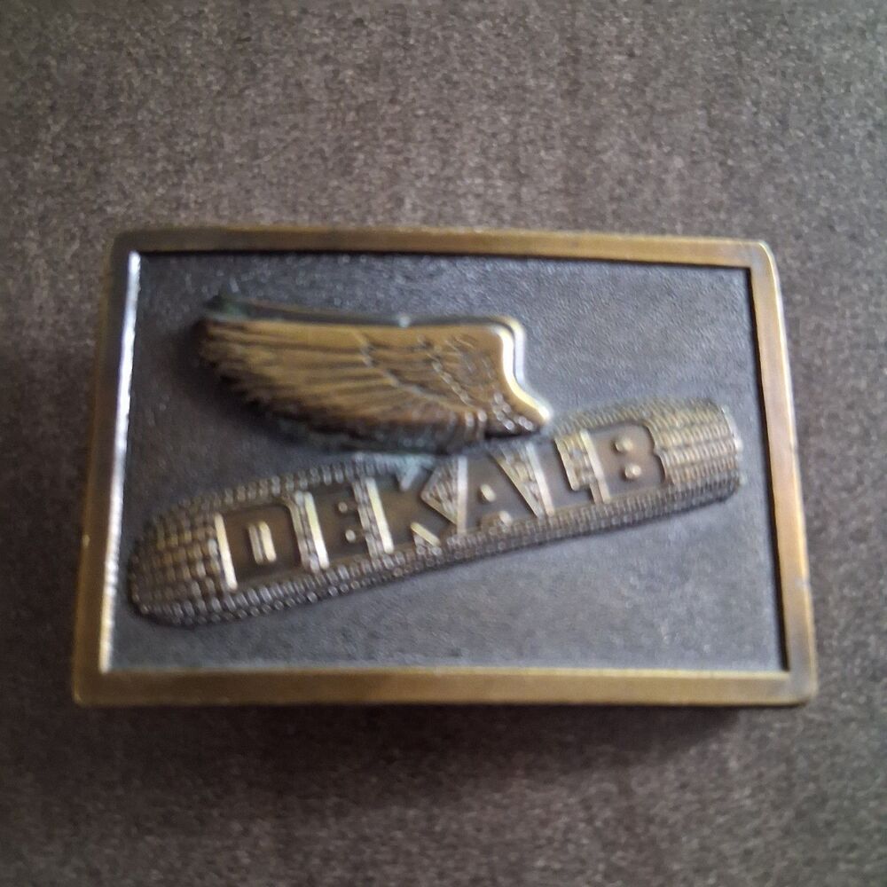 Spec-Cast Dekalb Brass Belt Buckle Flying Corn Logo 3 1/4" x 2 1/4"